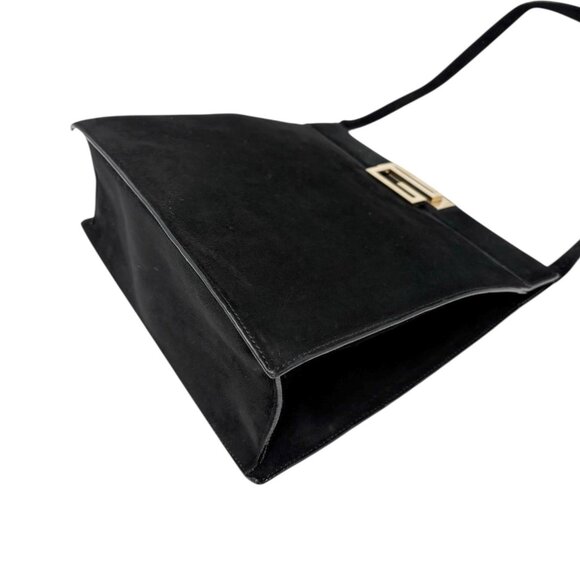 GUCCI Vintage G Square Logo Shoulder Bag Handbag Black Gold Suede [106264] - Picture 8 of 14